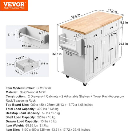 VEVOR Kitchen Island Cart with Solid Wood Top, 35.4" Width Mobile Carts with Storage Cabinet, Rolling Kitchen Table with Spice Rack, Towel Rack, and Drawer, Portable Islands on Wheels, White - LeafyLoom