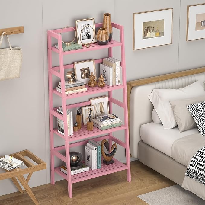 Homykic Bamboo Ladder Bookshelf, 4-Tier Ladder Shelf Open Book Shelf Freestanding Bookcase Bathroom Storage Rack Plant Stand for Living Room, Bedroom, Office, Easy Assembly, Pink - LeafyLoom