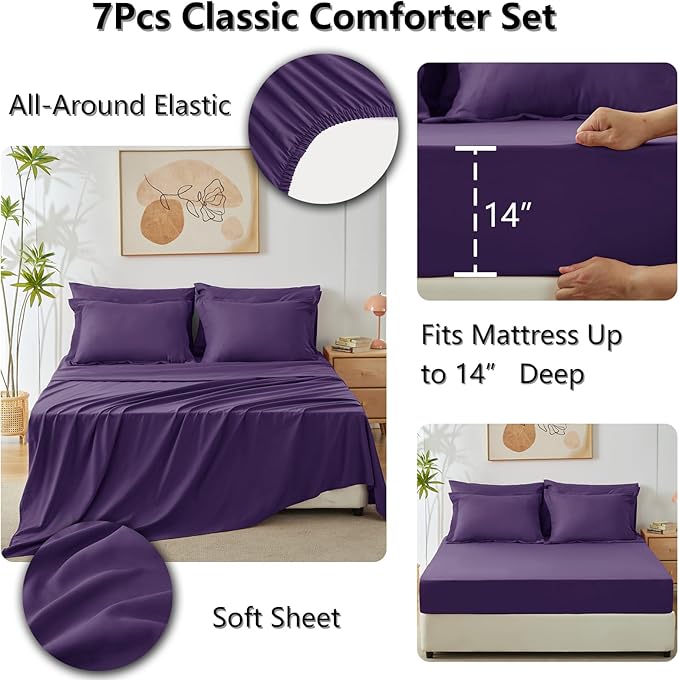 CozyLux Full Comforter Set with Sheets 7 Pieces Bed in a Bag Purple All Season Bedding Sets with Comforter, Pillow Shams, Flat Sheet, Fitted Sheet and Pillowcases - LeafyLoom