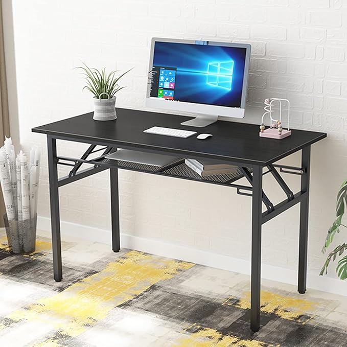 Need Folding Computer Desk with Storage Shelf, 47 inches Home Office Desk Folding Table Computer Workstation Desk, No Assembly Needed, Black - LeafyLoom