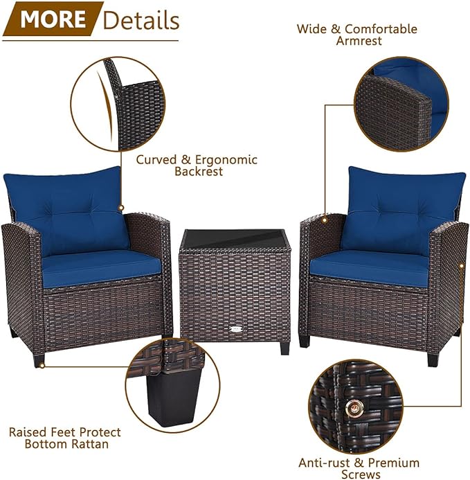 3 PCS Patio Furniture Set, OneSize, Navy - LeafyLoom