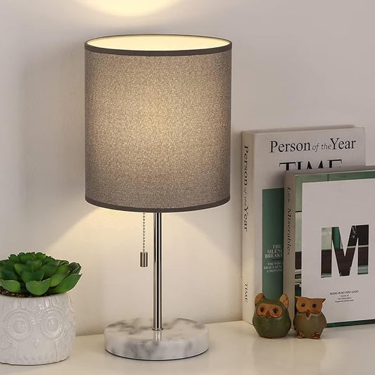 SEHERTIWY Bedside Lamps, Desk Lamps with Pull Chain, Nightstand Lamps with Marble Base and Silver Metal, Lamp for Bedroom, Living Room, Reading Room, Office-Grey - LeafyLoom