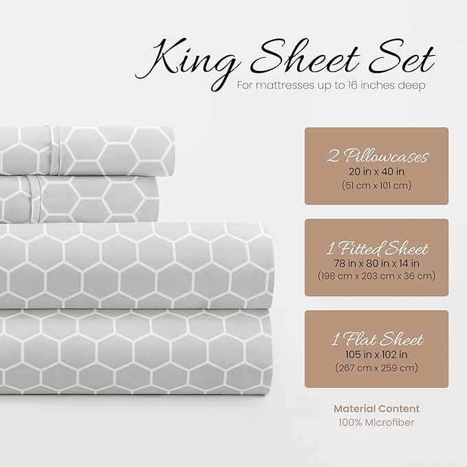 Linen Market 4 Piece King Bedding Sheet Set (Gray Geometric) - Sleep Better Than Ever with These Ultra-Soft & Cooling Bed Sheets for Your King Size Bed - Deep Pocket Fits 16" Mattress - LeafyLoom