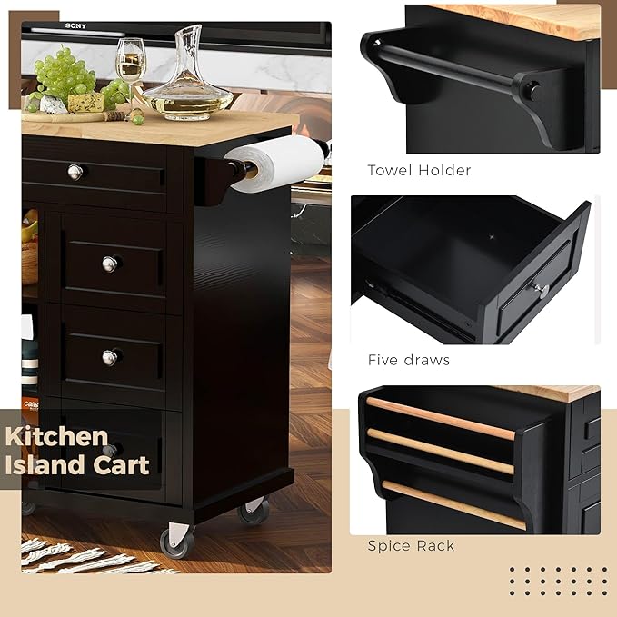 Kitchen Island with Storage Cabinets, Rolling Mobile Kitchen-cart w/Rubber Wood Desktop and 5 Drawers & Open Shelves, Sideboard for Dining Room, Home Bar - LeafyLoom