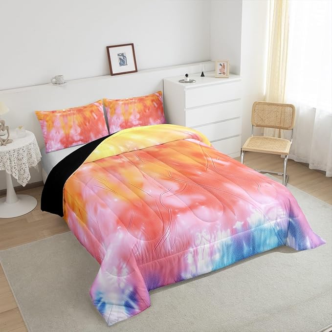 Girls Tie Dye Comforter Set with Pillowcase Trippy Bedding Boho Hippie Psychedelic Gypsy Down Comforter Twin Kids Bed Sets Soft Machine Washable Pastel Duvet Quilt Set, Orange Yellow Pink Purple Blue - LeafyLoom