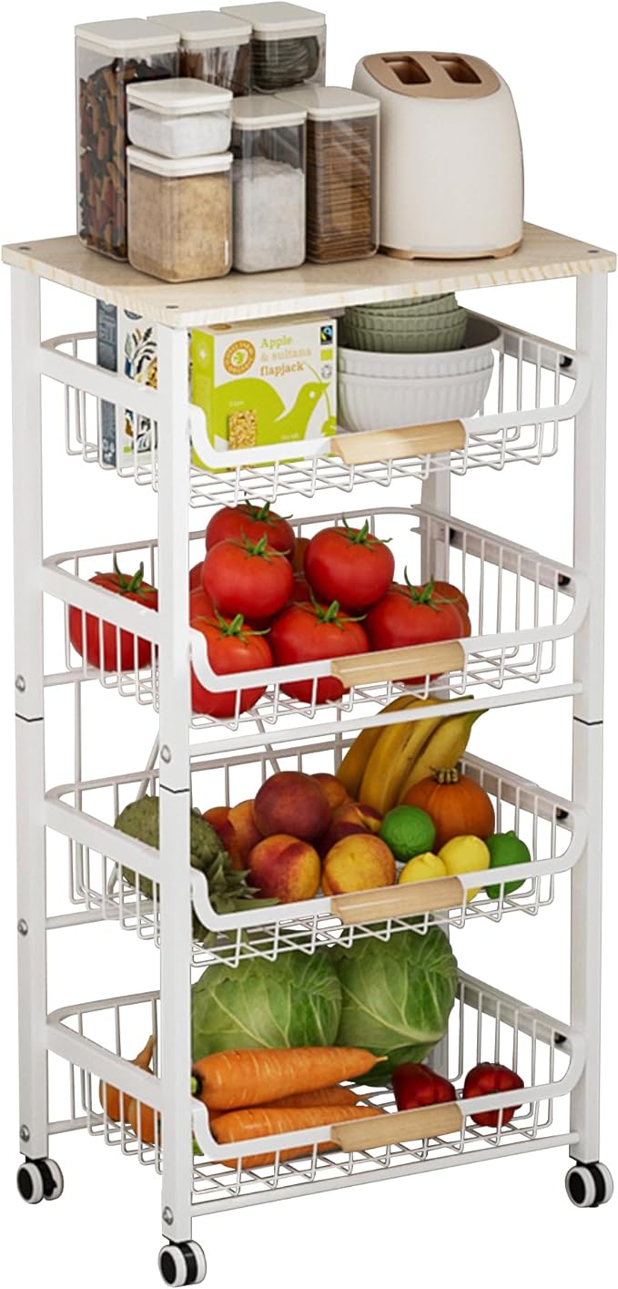 Pull-Out Kitchen Storage Cart 5 Tier Kitchen Fruit Cart on Wheels,Fruit Basket for Kitchen,Bedroom Kitchen Organizer and Storage Rack, Potato Onion Vegetable Storage (White) - LeafyLoom