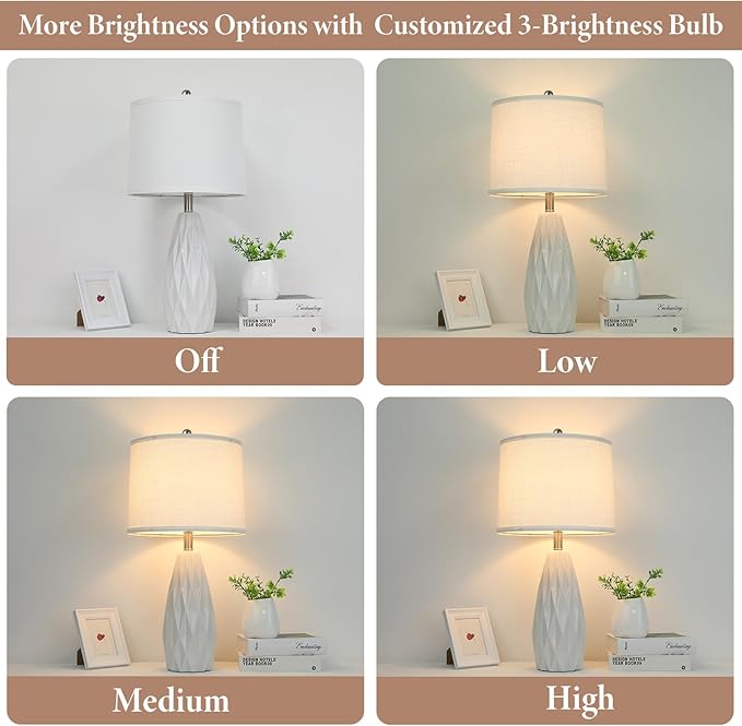 Table Lamp 25", Bedside Lamps for Bedroom Ceramic Desk Lamp White Lamp for Living Room End Table Lamps | 3-Way Dimmable Tall Nightstand Lamps Modern Geometric Lamp for Farmhouse Office(Bulb Included) - LeafyLoom