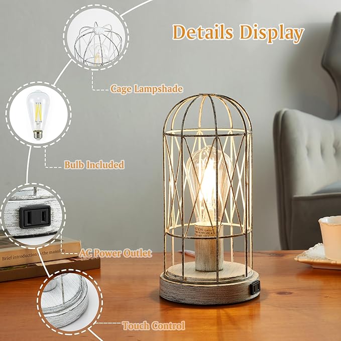 Bedside Table Lamp,3 Way Dimmable Touch Control Industrial Table Lamps Vintage Table Lamp with AC Outlet Small Nightstand Lamp Set of 2 for Living Room Bedroom Farmhouse, Bulb Included - LeafyLoom