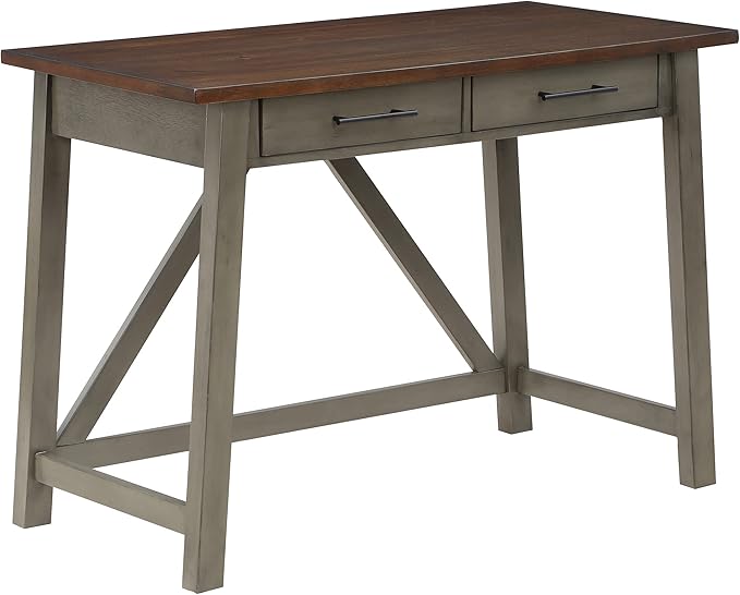 OSP Home Furnishings Milford Rustic 42 Inch Writing Desk with 2 Drawers and Burnished Decorative Hardware, Slate Gray - LeafyLoom