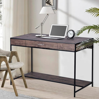 FurnitureR Vintage Wooden Computer Desk with Drawer, 43 Inches Industrial Writing Desk Workstation with Metal Legs and Bottom Shelf for Home Office, Brown - LeafyLoom