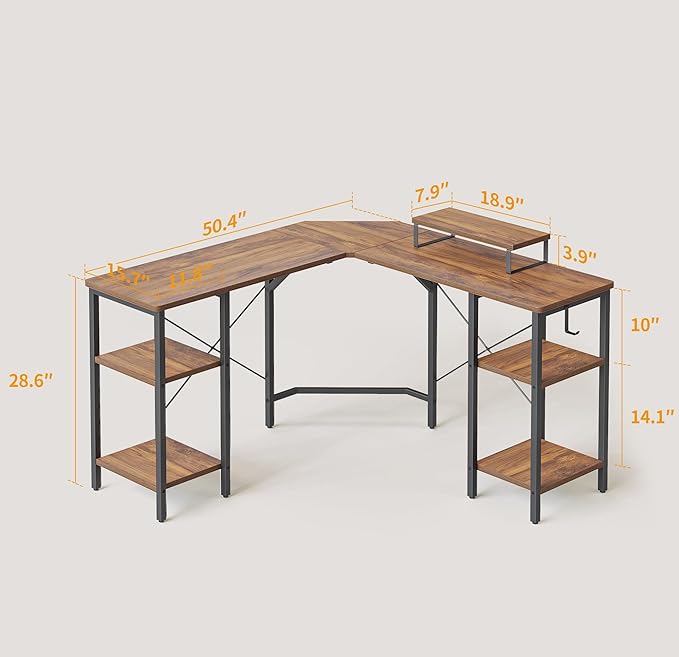 BANTI L Shaped Desk with Shleves, 50.4 inch Large Corner Desk with Two Storage, Space Saving, Easy to Assemble, Brown - LeafyLoom