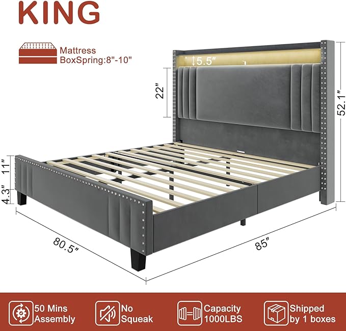 King Size Bed Frame with Tall Headboard & LED Light,Velvet Upholstered Wingback Storage Headboard with Charging Station,Tufted Platform Bed Frame,No Box Spring Needed Dark Grey - LeafyLoom