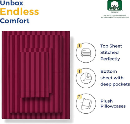 THREAD SPREAD Striped Egyptian Cotton Sheets Twin XL Size - 600 Thread Count 3 PC Damask Twin XL Sheets Deep Pocket, Sateen Weave College Dorm Bedding Twin XL, Fits Mattress upto 18" - Burgundy Stripe - LeafyLoom