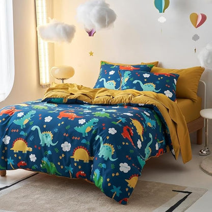 Wake In Cloud - Dinosaur Bedding Set for Boys, Cute Colorful Dinosaur Comforter Set with Sheets, 5 Pieces Kids Bed in a Bag, Navy Blue, Twin Size - LeafyLoom