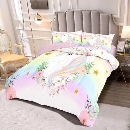 Kids Comforter Bedding Set 3 Piece Super Soft Breathable Print Kids Bedding Sets for Girls, Machine Washable Durable Comforter Set with Comforter, 2 Pillowcases Flowers Stars (Twin,Unicorn) - LeafyLoom