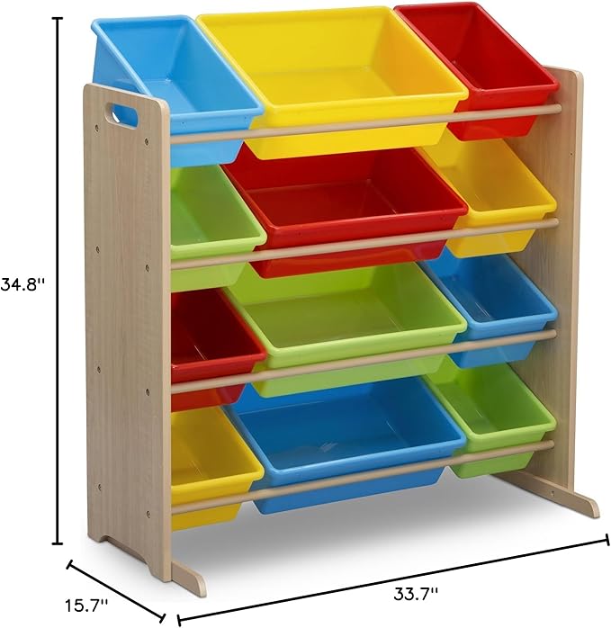 Delta Children Kids Toy Storage Organizer with 12 Plastic Bins - Greenguard Gold Certified, Natural/Primary - LeafyLoom