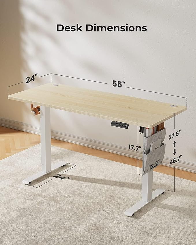 Standing Desk Adjustable Height, Electric Standing Desk with Starage Bag, Stand up Desk for Home Office Computer Desk Memory Preset with Headphone Hook, 55x24 Inch, Maple - LeafyLoom