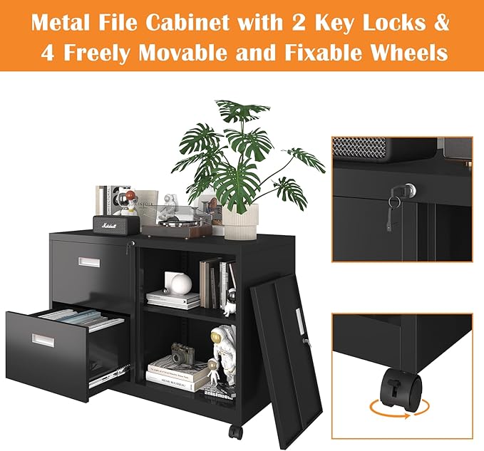 Metal File Cabinet Printer Stand with 2 lockable full extension drawers and 1 lockable door, adjustable shelf, for Home office and Study room Organizer Letters/Legal/A4,BLACK - LeafyLoom