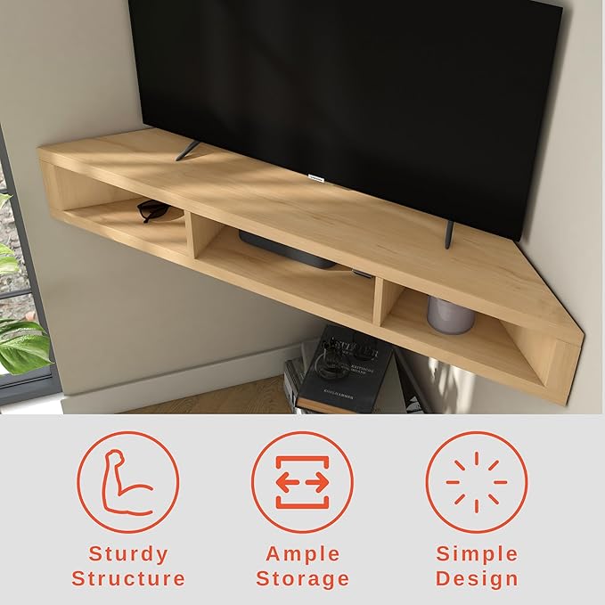 24/7 Shop at Home French 47 inch Modern TV Stand with Storage, Floating Corner Shelf for Wall, Wood Entertainment Center with Shelves for Living Room, Bedroom, Family, Gingko Maple - LeafyLoom