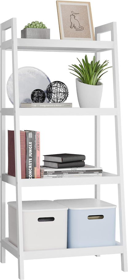 SMIBUY Ladder Shelf, 4 Tier Bamboo Bookshelf, Bathroom Storage Organizer Plant Display Stand, Freestanding Open Shelving Unit with Handles for Home Office (White) - LeafyLoom