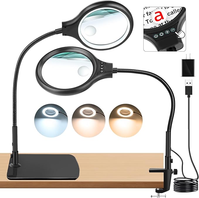 NZQXJXZ Large 2-in-1 Magnifying Glass with 72 LEDs Light and Stand 20X 10X Magnifying Lamp with Large Base and Clamp, 3 Color Modes and 10 Stepless Dimmable, Hands Free Desk Magnifier for Close Work - LeafyLoom