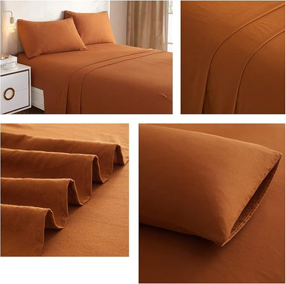 Caramel Pumpkin Sheets for Queen Size Bed,4 Piece Cooling Sheets Queen Deep Pocket up to 16 Inch,Solid Rust Bedding Sheets & Pillowcases Set,Wrinkle,Fade,Stain Resistant - 4 Piece(Queen,Pumpkin) - LeafyLoom