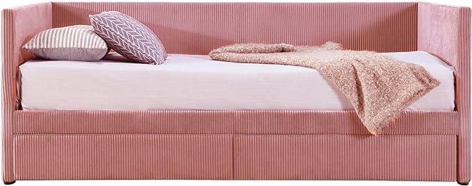 Twin Size Upholstered Daybed with 2 Storage Drawers, Corduroy Sofa Bed Frame for Living Room, Bedroom, Wood Slat Support, Pink - LeafyLoom