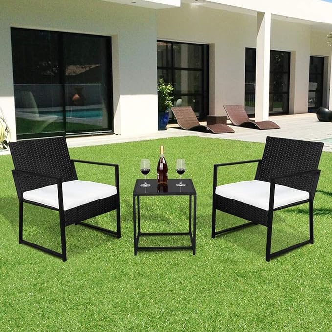 Outvita 3PCS Rattan Conversation Set, Outdoor Wicker Furniture Bistro Set 2 Chairs and Glass Top Table for Small Balcony Backyard Patio(Black) - LeafyLoom