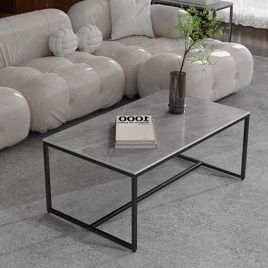 Wisfor Sintered Stone Coffee Table: Grey Sofa Center Table with Black Metal Frame - Rectangular Furniture Decor Table for Living Room, 39.4x23.6x15.7 Inch - LeafyLoom