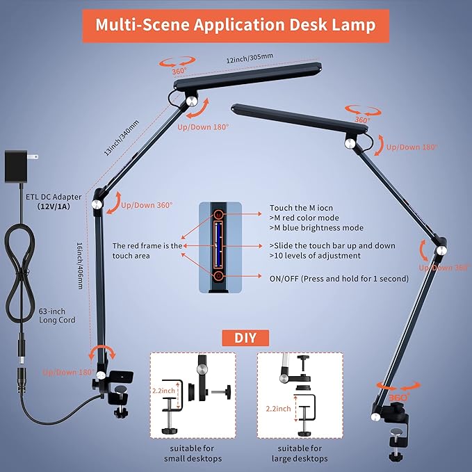 LED Desk Lamps,10 Color Modes 2700k-7000k Lighting and Stepless Dimming Modern Table Lamp for Monitor Studio Reading,Architect Clamp for Home Office Iron-Grey 15W… - LeafyLoom