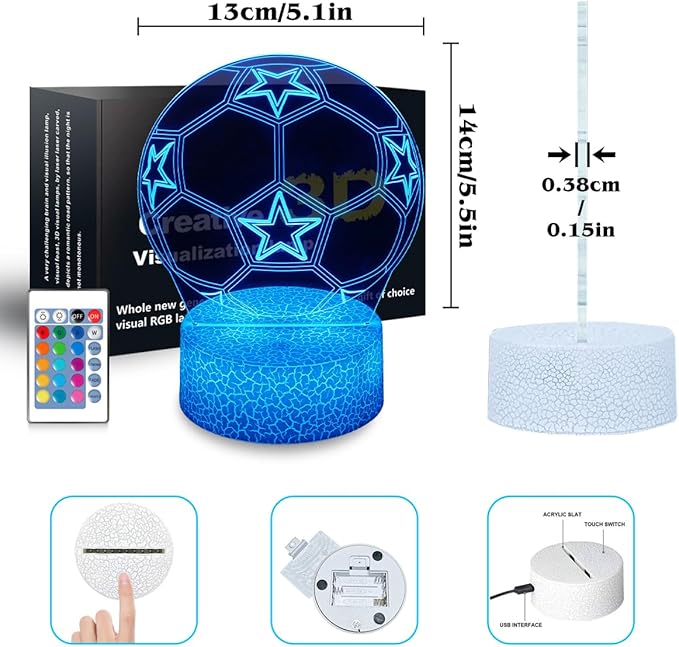 Soccer Night Light,Soccer Gifts for Boy, 3D Soccer Lamp,Kids Bedside Lamp,16 Color Change Decor Lamp with Remote & Smart Touch, Gifts for Christmas Birthday Boys Men Girls - LeafyLoom