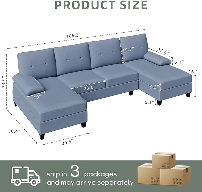 Shintenchi Sectional Couches for Living Room, U Shaped Sofa Couch with Double Chaise, 4-Seat Living Room Furniture Sets with Soft Cushion & Linen Fabric, Blue - LeafyLoom