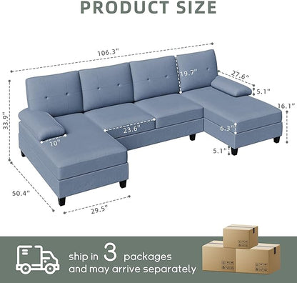 Shintenchi Sectional Couches for Living Room, U Shaped Sofa Couch with Double Chaise, 4-Seat Living Room Furniture Sets with Soft Cushion & Linen Fabric, Blue - LeafyLoom