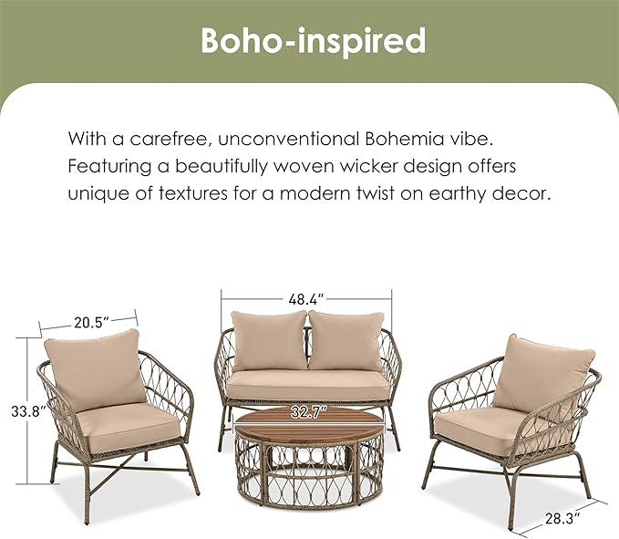 Merax Outdoor Patio Furniture Sets, Bohemia-Inspired Wicker Conversation Seating Group, with Soft Cushions and Wood Tabletop, 4 PCS, Beige - LeafyLoom