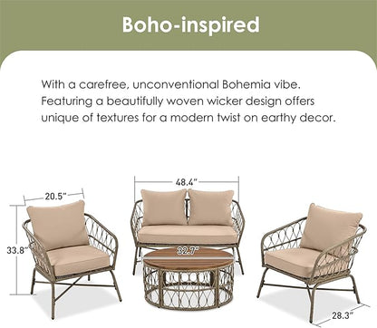 Merax Outdoor Patio Furniture Sets, Bohemia-Inspired Wicker Conversation Seating Group, with Soft Cushions and Wood Tabletop, 4 PCS, Beige - LeafyLoom