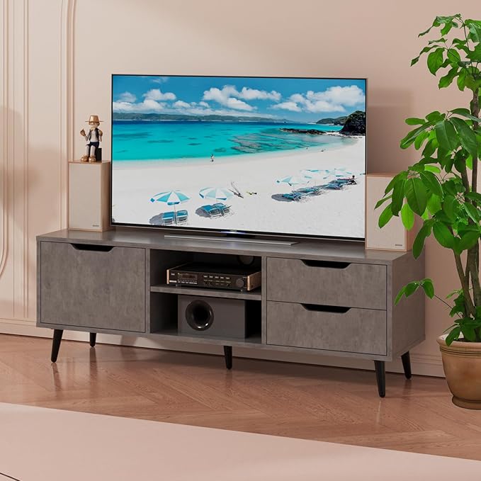 Maxtown TV Stands for Living Room, TV Console Table for 55 Inch TV, Entertainment Center with 1 Cabinet, 2 drawers, Media Console with Metal Feet for Bedroom, Living Room, Dark Grey - LeafyLoom