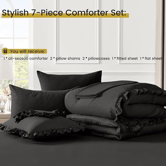 King Size Bed in a Bag 7 Pieces King Size Comforter Set, Ruffle Shabby Chic Bedding Comforter Set Black Bed Set with Comforter, Pillowcases, Flat Sheet, Fitted Sheet and Pillow Shams - LeafyLoom