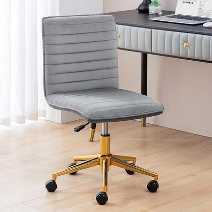 Furniliving Home Office Chair, Armless Vanity Chair with Wheels Swivel Velvet Computer Rolling Desk Chair with Back, Adjustable Accent Chair with Gold Metal Base Stool Chair,Gray - LeafyLoom