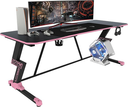 63 Inch Gaming Desk, with Carbon Fiber Surface, Lightning-Shaped PC Computer Table, with Headphone Holder, Cup Holder, Cable Management Box, Gaming Table for Gamer, Black&Pink - LeafyLoom