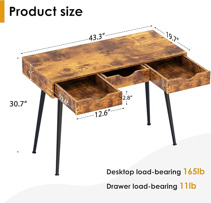 DlandHome Computer Desk,Office desk 43.3” X 20“ Inchs Standing with Drawers, Gaming Desk for Computer, Gaming, Laptop in Home Office,Bedroom,Living Room, Vintage - LeafyLoom