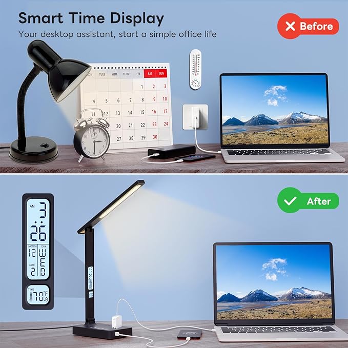 Desk Lamp with USB Charging Port: LED Eye-Caring Smart Table light for Home Office - 1 Type-C, 1 USB-A Charging Port, 2 AC Power Outlets. - LeafyLoom