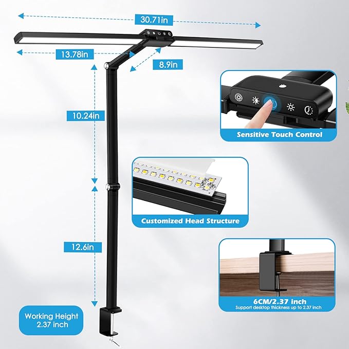 Double Head LED Desk Lamp for Home Office, 24W Bright Architect Task Light, Dimmable Desk Clamp Lamp with 25 Lighting Modes for Reading Study Workbench, Black - LeafyLoom