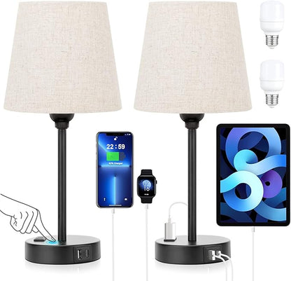 Mini Bedside Lamps for Bedrooms Set of 2 - Nightstand Bedroom Lamps with USB C Port and AC Outlet Charging, Dimmable Touch Small Bed Side Table Lamp, Black Night Stand Light for Kids/Guest Room - LeafyLoom