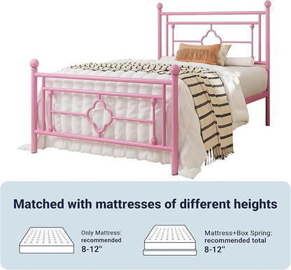 Allewie Twin Size Metal Platform Bed Frame with Victorian Vintage Headboard and Footboard/Mattress Foundation/Under Bed Storage/No Box Spring Needed/Noise-Free/Easy Assembly, Pink - LeafyLoom