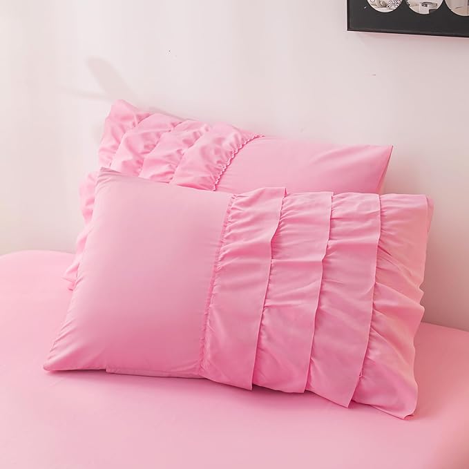 Teen Girls Pink Princess Dress Comforter Set Queen Size, 5 Pcs Bed in a Bag Girls Queen, Girls Pink Ruffled Bedding Set, Teen Bedding Sets for Girls Kids with Sheets - LeafyLoom