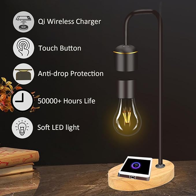 Magnetic Levitating Light Bulb Levitation Real Wood Black Floating Desk Lamp LED Night Lights with Luxury Wireless Charging Pad (Apple/Android) for Christmas Gift - LeafyLoom