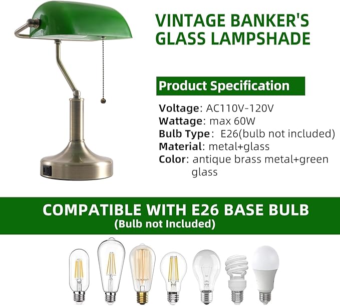 Banker Desk Lamp Green Glass, Antique Desk Lamps with Brass Base, Traditional Library Table Lamp with USB A and Type C Charging Port for Office, Study Room, Pull Chain Switch - LeafyLoom