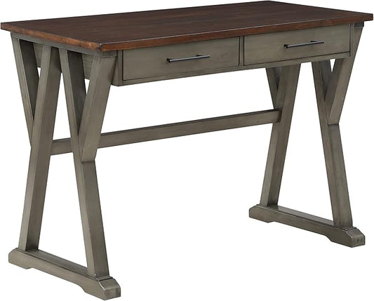 OSP Home Furnishings Jericho Rustic 42 Inch Writing Desk with 2 Drawers and Burnished Decorative Hardware, Slate Gray - LeafyLoom