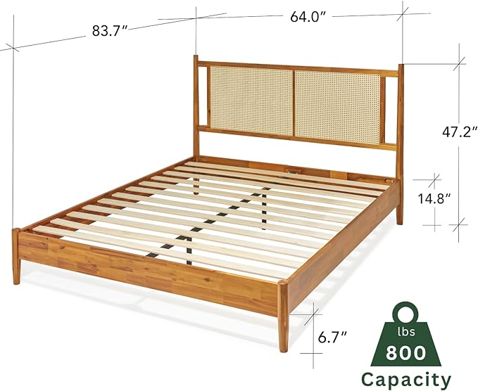 Bme Oliver Headboard Queen Size Bed Frame - 15-Inch Signature Design with Rattan Headboard, Bohemian and Mid Century Style, 12-Slat Wood Support, No Box Spring Needed - Easy Assembly, Caramel - LeafyLoom