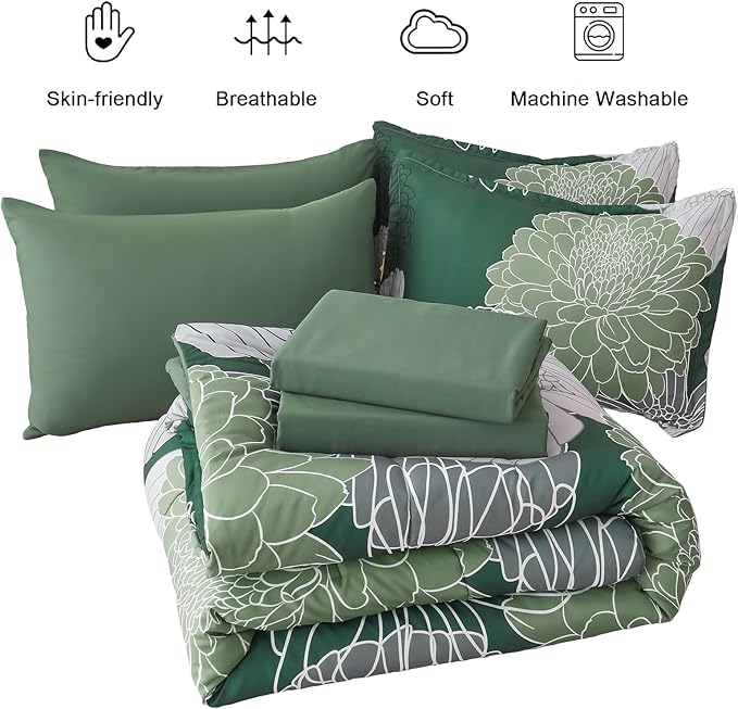 Yiran 7 Pieces Queen Floral Comforter Set,Emerald Green Bed in a Bag Flowers Comforter,Soft Microfiber Bedding Set with Comforter, Sheets, Pillowcases & Shams 90"×90" - LeafyLoom